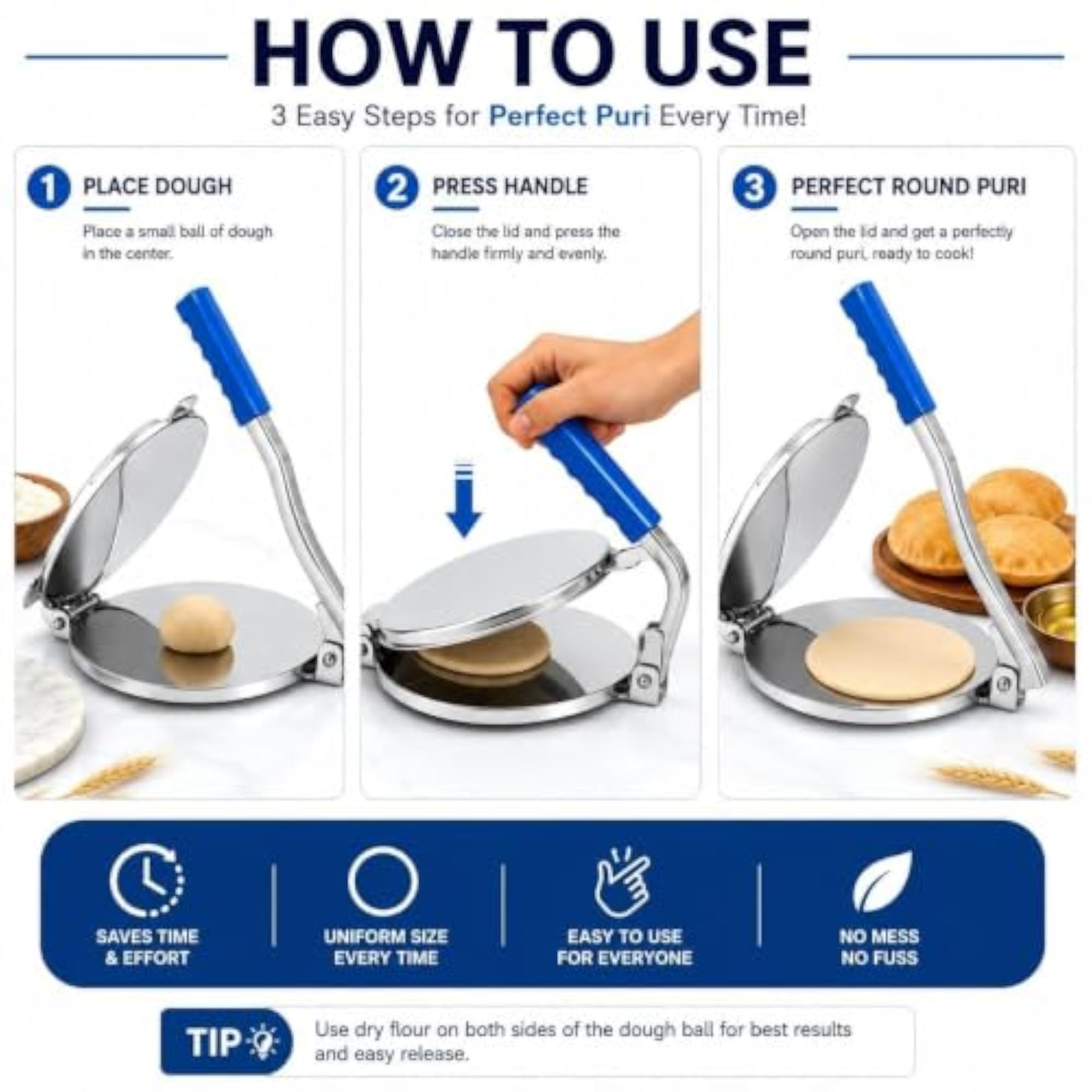 Stainless Steel Tortilla Press with Blue Handle for Roti