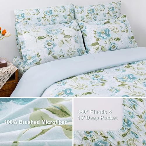 Image of lasoftan Floral Queen Comforter Set with Sheets, 7 Piece Luxury Vintage Bedding, Soft Microfiber Bed in a Bag, Cozy Lightweight Bed Set, Green Leaves Teal Blue Flower