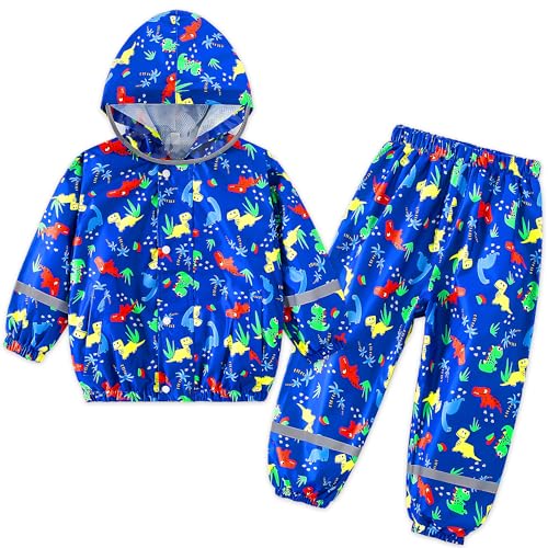 FILOWA Capa de chuva menino menina impermeável com capuz e refletor leve casaco chuva e calças fato estampado impermeável fato de chuva reutilizável casacos para crianças 1-7 anos, azul, 2-3 anos