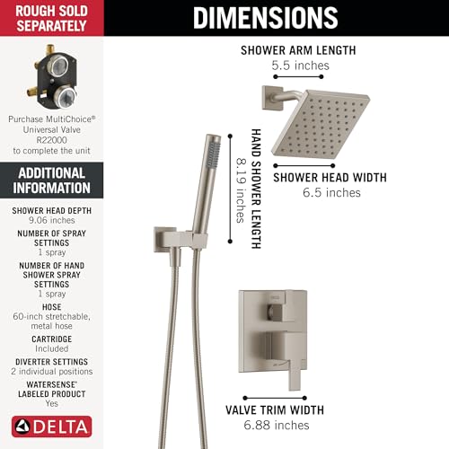 Image of Delta Modern Square Shower System Faucet Set, Brushed Nickel 6.5-inch Shower Head and Handle Set, Valve Trim Kit, Spotshield Stainless T342703-SP (Valve Not Included)