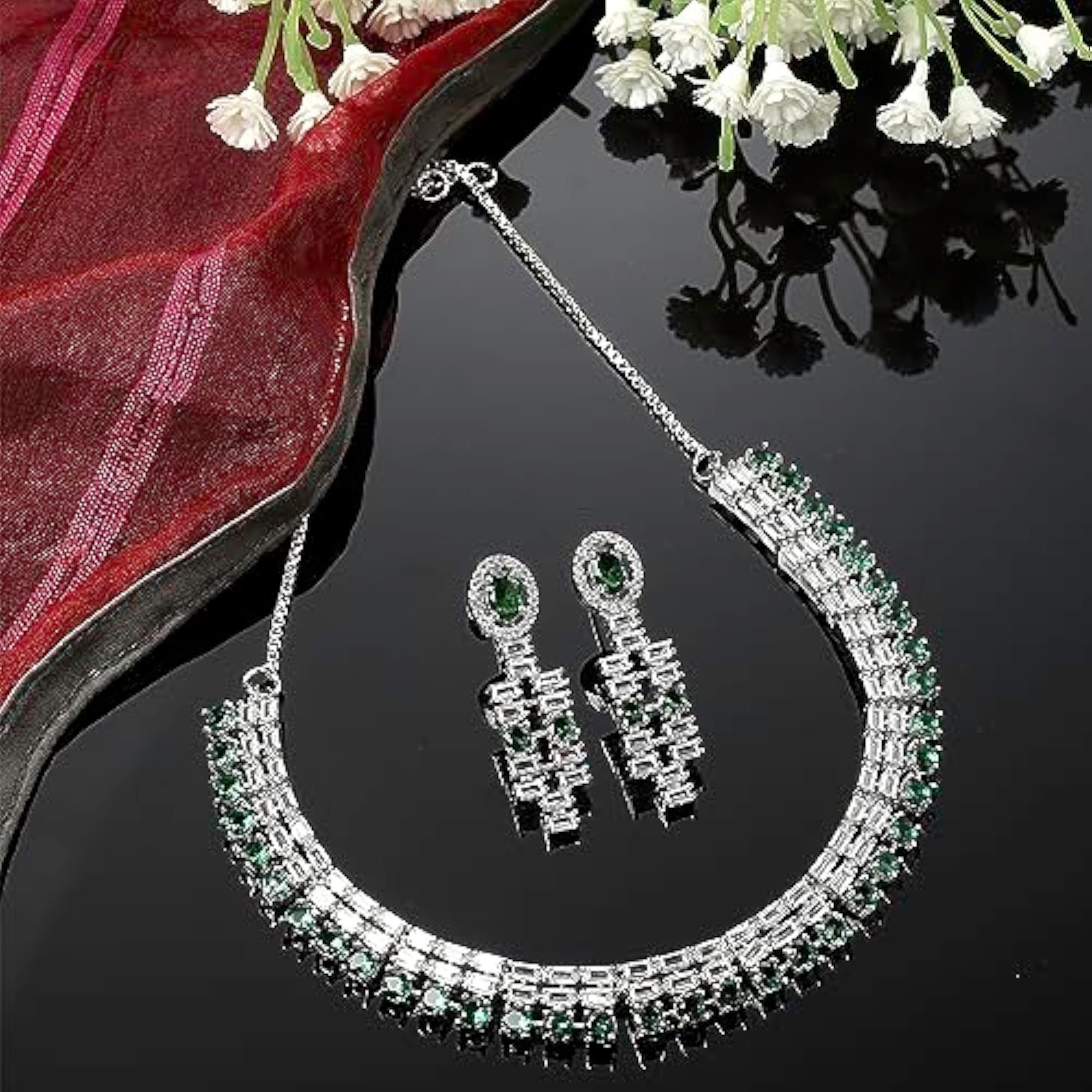 Rhodium-Plated Round Shape American Diamonds Necklace Set