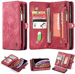 RAUOJUTE For iPhone XR Flip Case, Premium Zipper Wallet Leather Case Cover With Detachable Magnetic Hard Case-Red