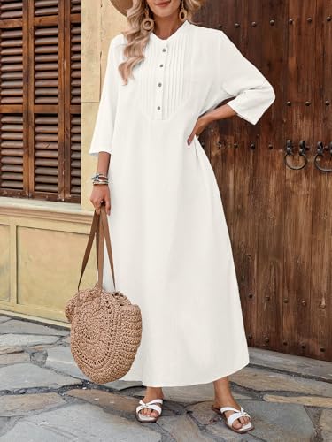 Image of Celmia Autumn Solid Loose Long Maxi Dress Cotton Caftan