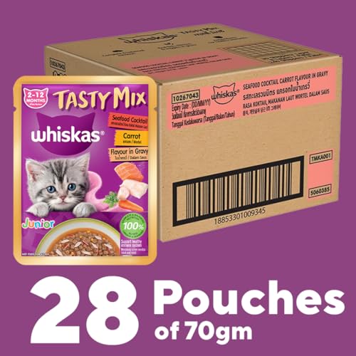Image of Whiskas Tasty Mix Kitten (2-12 Months) Wet Cat Food, Seafood Cocktail Carrot Flavour in Gravy, 70 g x 28, 100% Complete & Balanced Nutrition for Kittens