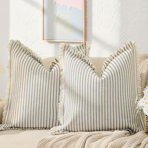 ZWJD Throw Pillow Covers 22x22 Set of 2 Striped Pillow Covers with Fringe Chic Cotton Decorative Pillows Square Cushion Covers for Sofa Couch Bed Living Room Farmhouse Decor, (Black)