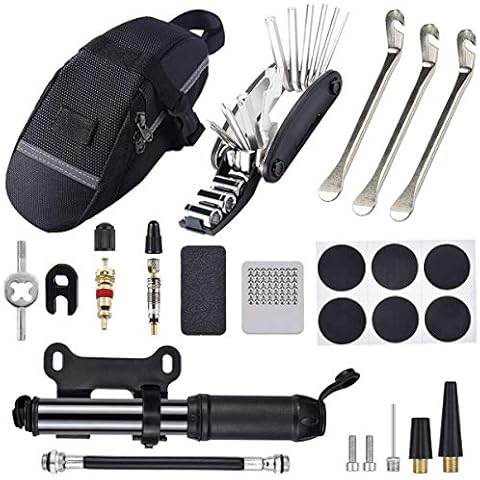 fshihine Portable Bicycle Repair Tool & Puncture Kit, Bike Tyre Repair Kit with 120 PSI Mini Pump, 16 in 1 Multifunction Tool, Tyre Levers, Tube Patch - Mountain Bike Tool Cover