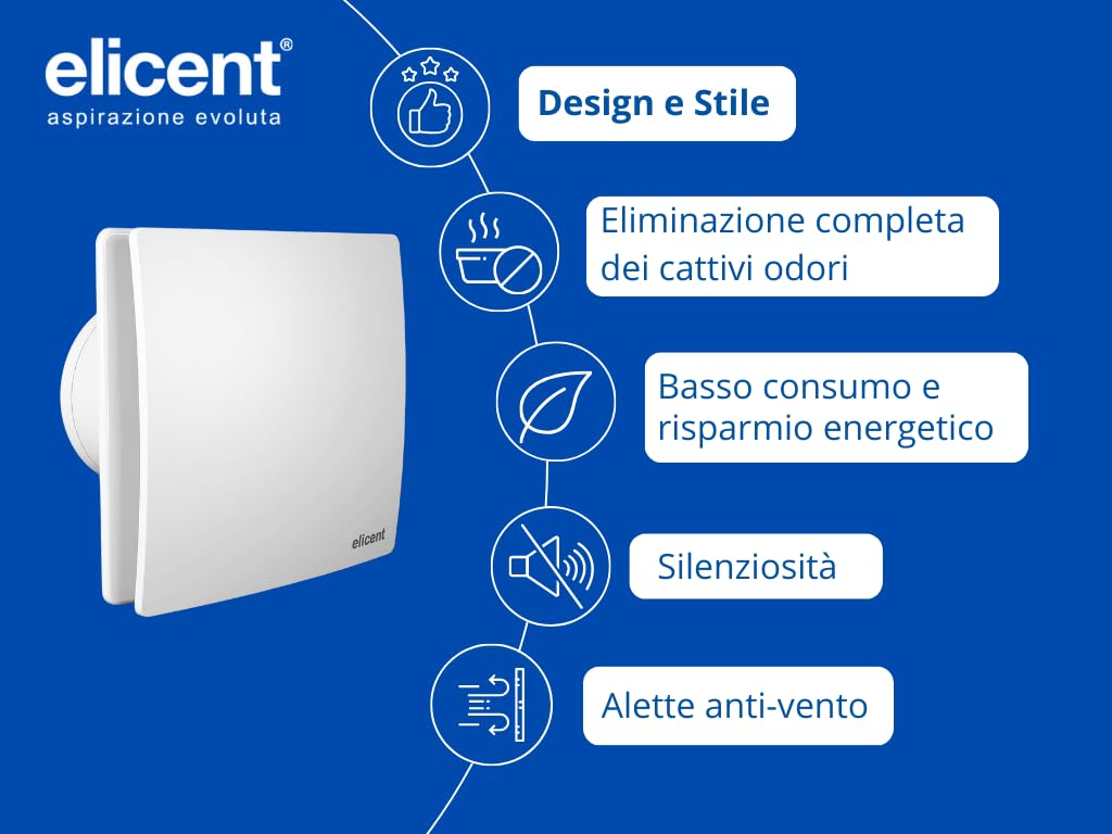 ELICENT | Elegance 100 Base, Aspiratore ElicoidaleØ100 mm, con Design Frontale per un' Espulsione Diretta dell'Aria, Made in Italy