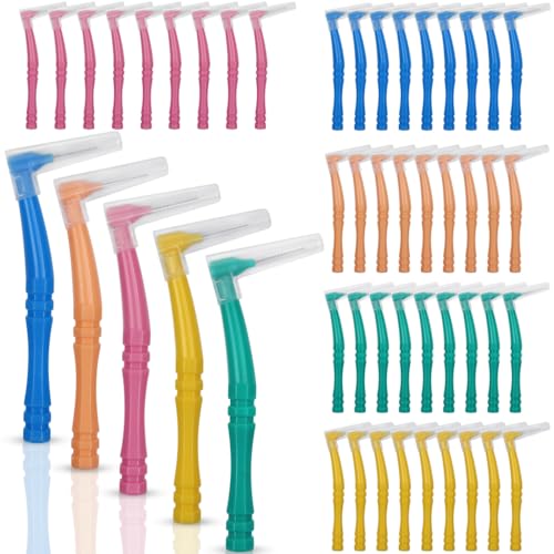 50 Pieces Interdental Brushes,Non-Slip Handle Angled Head Dental Floss Stick 5 Sizes Tooth Flossing Brushes Oral Dental Hygiene Brush, Tooth Picks Dental Brushes Tooth Cleaning Tools