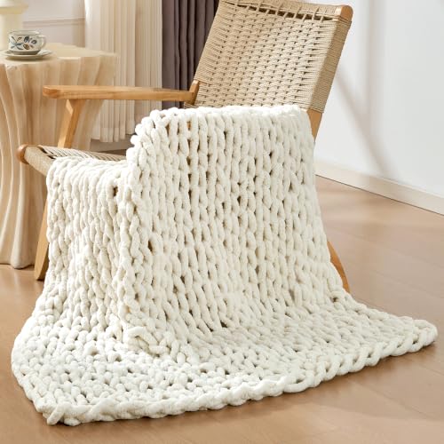 Bigacogo Chunky Knit Throw Blanket for Couch, 40x40 inches, Vintage White