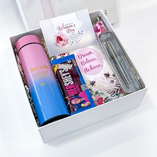 Image of Women's day gift ideas for colleagues with Temperature water bottle, Greeting card, Chocolates and more | women's day gift hampers | womens day gift for employees | women's day corporate gifts