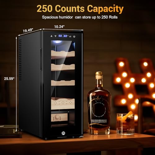 Image of 35L Electric Humidor Cabinet-200~250 Count Large Capacity Electric Humidor| Thermostatic Cooling with Spanish Cedar Wood Shelves, Digital LED Screen & Safety Lock |Gift for Men