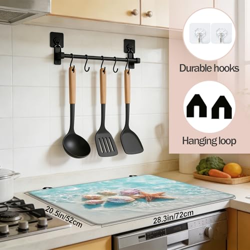 Image of Multi-Design Silicone Stove Cover for Glass /Electric Stoves - 3-in-1 Heat-Resistant Protector Mat, Non-Slip Drying Rack (Beach Sand Seashells, 28 inch L x 20 inch W)
