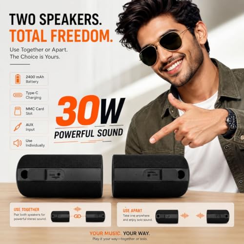 Image of ModishOmbre Duo Blast 30 W High-Output TWS Bluetooth Speaker | 2.0 DSP Tuned Audio | Dual 15W Dynamic Drivers | 10H Playtime | IPX5 Water Proof | TWS Stereo Pairing | TF /Aux Support | Built-in Mic