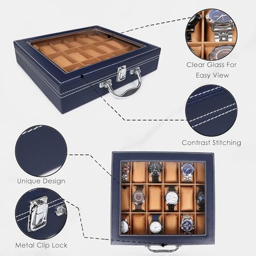 Image of LEDO Luxury Watch Box Organizer with 18 Slots, PU Leather Case, Transparent Display, Blue and Cream Interior, Metal Clasp Lock, Rectangular, Modern Classic Style