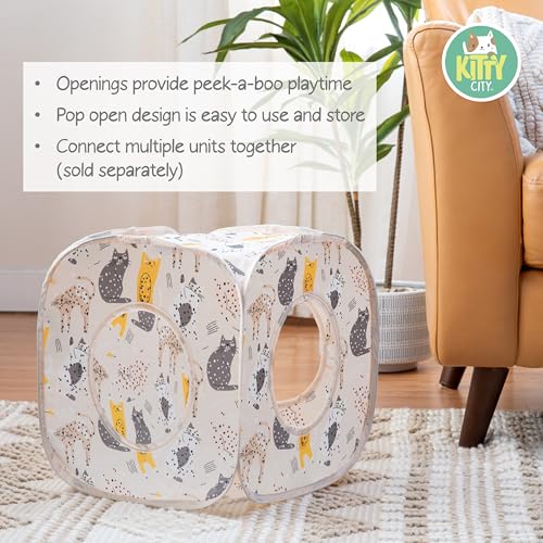 Image of Kitty City Cat Print Pop-Up Play Cube, Collapsible Indoor Hideout with Peekaboo Openings, Lightweight Foldable Cube for Play & Lounging, Pink