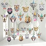 60PCS Jungle Animals Birthday Decorations Wild One Hanging Swirls Ceiling Streamers Decor Forest Theme Foil Swirls Ceiling for Boys Girls Baby Shower Safari Wild Animals Birthday Party Supplies