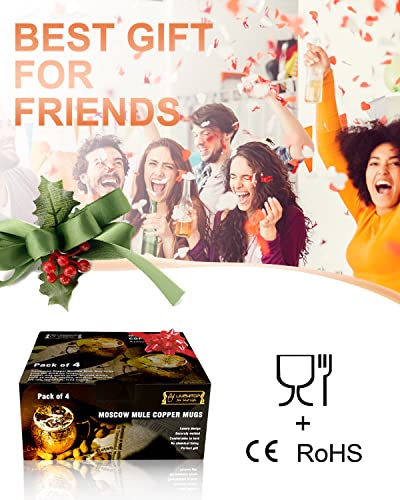 Foto von LIVEHITOP Moscow Mule Tassen, 4 Stück, 4 Stück, Kupferbecher mit 4 Unterkatastern, 4 Strohhalmen, Pinsel Jigger und Stroh, Tasse Geschenk Set für Haus, Bar, Party (4)