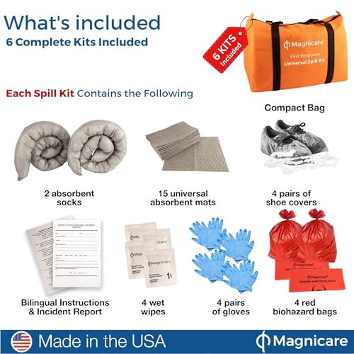 Image of Biohazard Spill Kit OSHA Approved (6 Pack) - Chemical Clean up Kit | Spill Kit for Oil, Water & Chemicals | Absorbent Pads, Socks, PPE, Biohazard Bags in Bright Orange Duffel Bag - 6 Pack