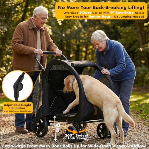 Image of PAWZIDEA 3-in-1 Dog Stroller for Large Dogs with Detachable Carrier up to 100lb, 45% Extra Tall Dog Car Crate Sit Upright, Foldable Pet Stroller for 2 Medium Dogs All-Terrain Jogger, Adjustable Handle