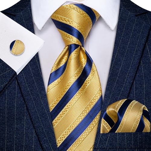 Image of YourTies Striped Ties for Men Classic Woven Silk Necktie with Handkerchief Cufflinks Set Formal Business Party Wedding