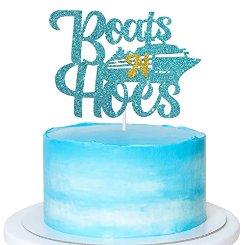 Blue Glitter Boats N Hoes Cake Topper, Nautical Themed Birthday / Bridal Shower / Engagement / Bachelorette / Wedding / Baby Shower Party Decoration Supplies #TOP5