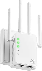WiFi Extender WiFi Booster with Ethernet Port, Internet Repeater Range Covers Up to 12880 Sq.Ft and 105 Device 1-Tap Setup, 4 Antennas 360Full Coverage Extends Wi-Fi to Home & Outdoor
