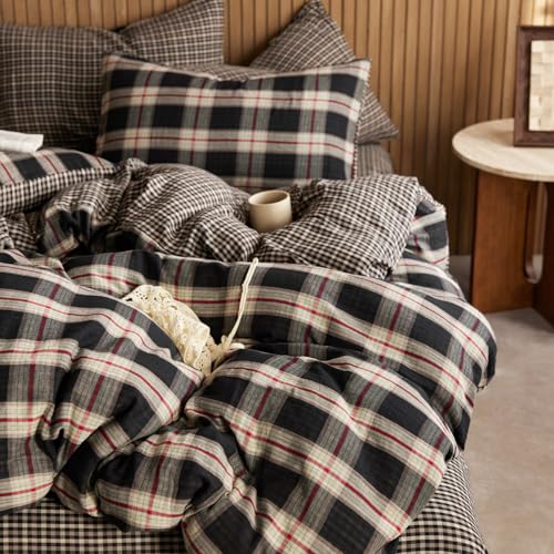 Image of EAVD Vintage Red&Black Gingham Plaid Duvet Cover Queen Soft 100% Cotton Muslin Green Geometric Grid Checkered Bedding Set with 2 Pillowcases Reversible Gingham Duvet Cover with Zipper Closure