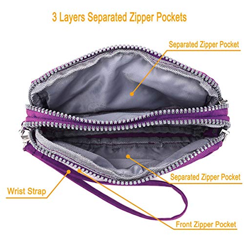 Women's Nylon Smartphone Wristlets Bag Three Zipper Long Clutch Wallets Purses for Cellphone/Card/Cash/Coin/Bills3