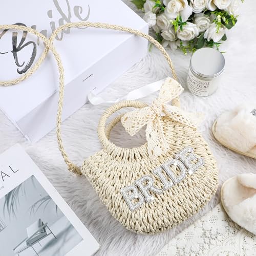Image of Pinkunn Bride Gift Bride Straw Purse Mrs Handwoven Bag Rhinestone Letter Bag Bachelorette Honeymoon Wedding Bridal Shower