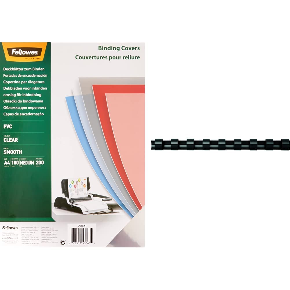 Fellowes 5376102 Klarsicht Deckblatt aus PVC, A4 Format, 200 mic Stärke, transparent, Pack mit 100 Stück & 5346108 Binderücken für Plastikbindung, 10 mm Durchmesser, 21 Ringe,schwarz, 100 Stück