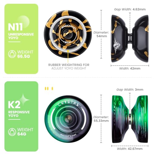 Image of MAGICYOYO Professional Yoyo Set N11+K2, Responsive Yoyo & Unresponsive Yoyo for Kids 8-12, Advanced, Pro Yoyo with 12 Yoyo Strings,Yoyo Bag,Yo-Yo Accessory Kit (N11 Black Golden+ K2 Black Green)