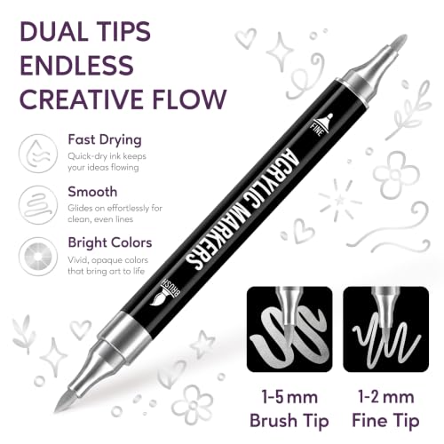 Image of Pagather Silver Acrylic Paint Markers, Dual Tip with Fine Tip and Brush Tip Pens for Fabric, Stone, Wood, Canvas, Ceramic, Metal, Glass, Rock Painting, DIY Crafts