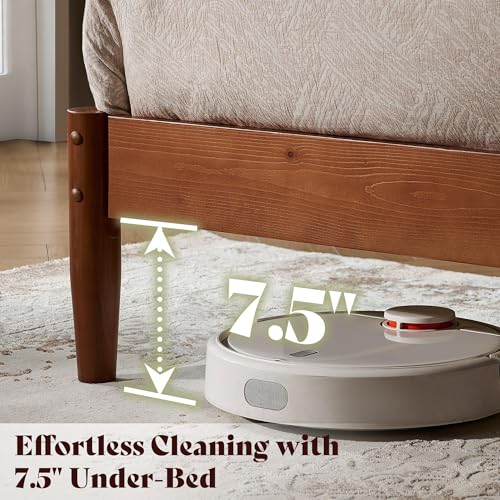 Image of AMERLIFE Solid Wood King Bed Frame, Mid Century Bed with Headboard, Brown