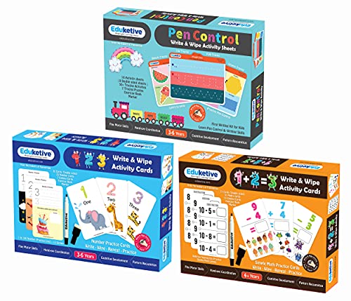 Image of (Combo of 3) Pen Control+123 Numbers+PREMATH Write & Wipe Reusable Activities Educational Games with Exercise Book