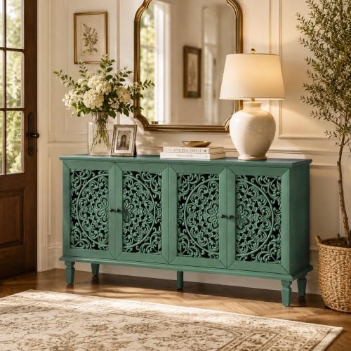 Image of Green Sideboard Cabinet with Carved Doors, Green Buffet Cabinet, Vintage Cabinet with Storage Shelves, Farmhouse Storage Cabinet for Dining Room, Living Room & Entryway