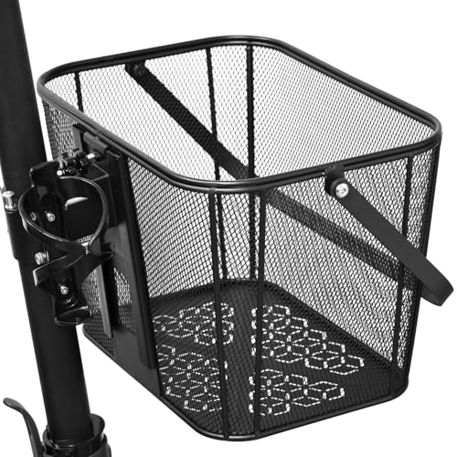 iblkeoTo Scooter Basket Extra Large 130lb Loading Capacity Removable Front basket for Man Adult with Water Holder Heavy Duty Quick Release Iron Mesh Basket with Handle Easy Assembly & Portable
