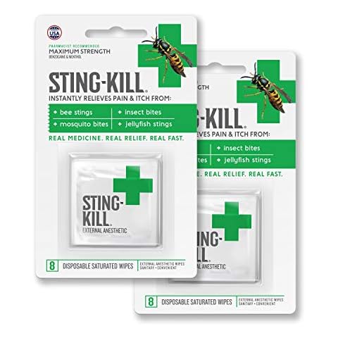 Sting-Kill First Aid Anesthetic Wipes, Instant Pain + Itch Relief from Bee Stings and Bug Bites, 8-Count (Pack of 2) Cover