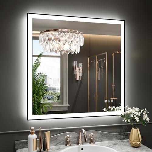 Image of WTTY 36 inchX36 inch LED Bathroom Mirror with Black Frame, Bathroom Vanity Mirror with Lights for Wall, Front Light and Backlit, Anti-Fog, Dimmable, 3 Colors, Shatterproof, Memory, Horizontal /Vertical