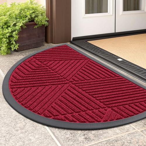 Image of Smiry Half Circle Front Door Mat Outside Entrance, Heavy Duty Sturdy Natural Rubber Doormat, Trap Dirt and Moisture, Low Profile Mats for Indoor Outdoor Entry, Irregular Triangle (29.5x17, Wine Red)