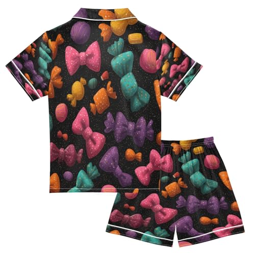 Satin Pajama Sets Short Sleeve Colorful Bow Ties on Black Button Down Silky Nightwear 2 Piece PJS 5-14Y2