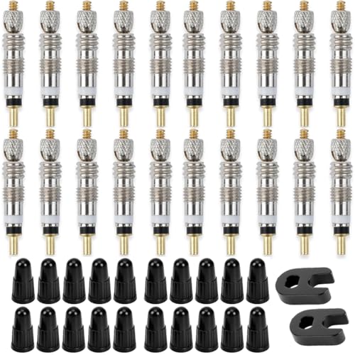 kiouwnv 42 PCS Presta Valve Core Kit, 20 Universally Compatible Presta Valve & 20 Caps, 2 Valve Core Removal Tool for Tubeless Road & Mountain Bike Tires