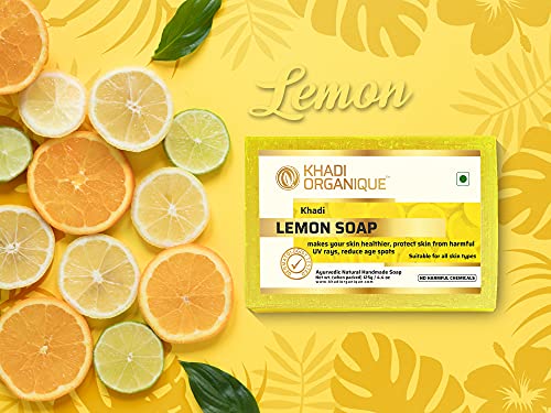 Image of Khadi Organique Lemon Soap | Herbal Bathing Soap for Healthy Skin | Natural Soap with Essential Oils | Suitable for All Skin Types | Pack of 3