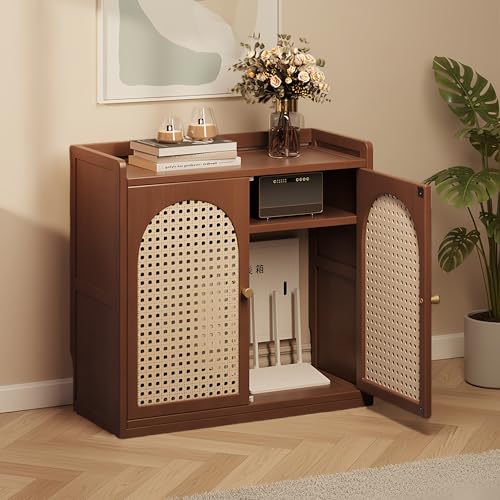 Image of FUKEFUZ Bamboo Router Storage Cabinet with Rattan Doors - Boho Accent Floor Cabinet for Living Room & Hallway - Hides Modems & Cables, Signal Friendly(Brown,26.4in)