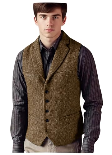 VENNYNG Men's Herringbone Notch Lapel Vest with 2 Waist and 2 Chest Pockets Slim Fit Formal Waistcoat for Weddings Casual