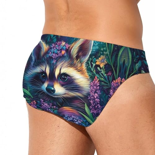 Raccoon Flowers Mens Swim Briefs Quick Dry Swim Trunk Bikini Underwear Swimsuit3