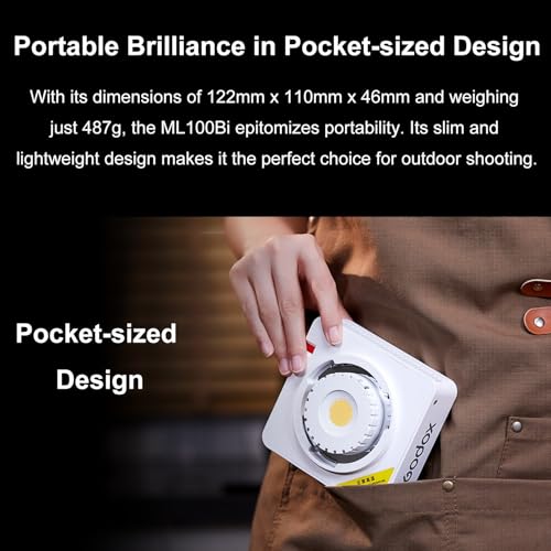 Image of Godox ML100BI ML100 BI 100W Bi-Color LED Video Light,2800-6500K 33200LUX@1m,11 FX Modes,CRI 96 TLCI 97,Pocket-Sized,APP Control,Godox Mount Continuous Output Lighting for Photography,Video Recording