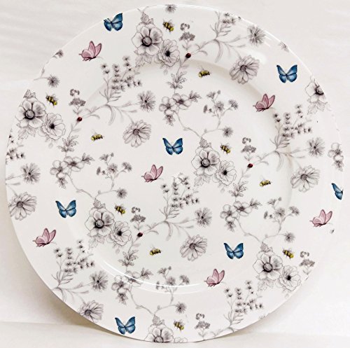 Secret Garden - Platos de jardín (26,7 cm, 27 cm, 4 unidades, porcelana), diseño de flores y mariposas