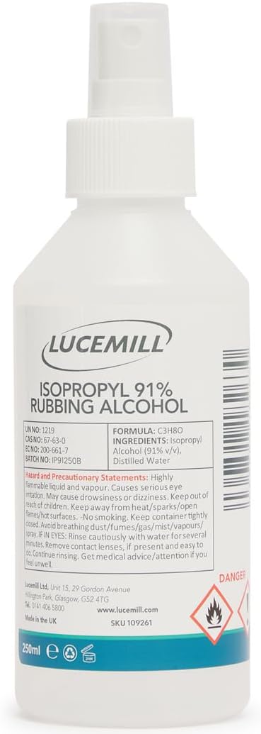 Lucemill 91% Rubbing alcohol | 250ml | Super Strength IPA Surface Sanitiser | 91% Isopropyl Alcohol | Clear Liquid | Comes with Atomiser Spray