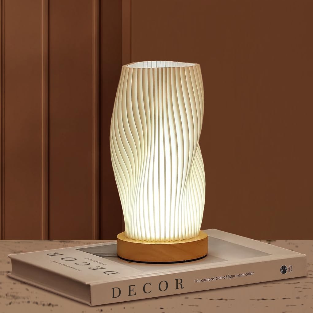 Clora Table Bedside Lamp Night Light Woodbase Button Control for Bedroom Dimmable Nightstand Lamp PLA Lampshade Living Room Bedroom
