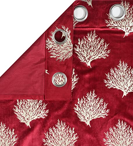 Image of Velvet Floral Printed Designer Curtains for Window, Long Door, Living Room, Bedroom, Drawing Room Curtain Set of 2 Pcs, 4x5 feet Long, Maroon